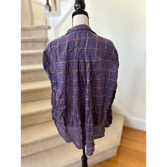 Free People Purple Orange Metallic Plaid Oversize Slouchy Button Down - Picture 6 of 8